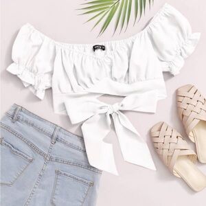 SHEIN White Ruffle Crop Top Puff Sleeve